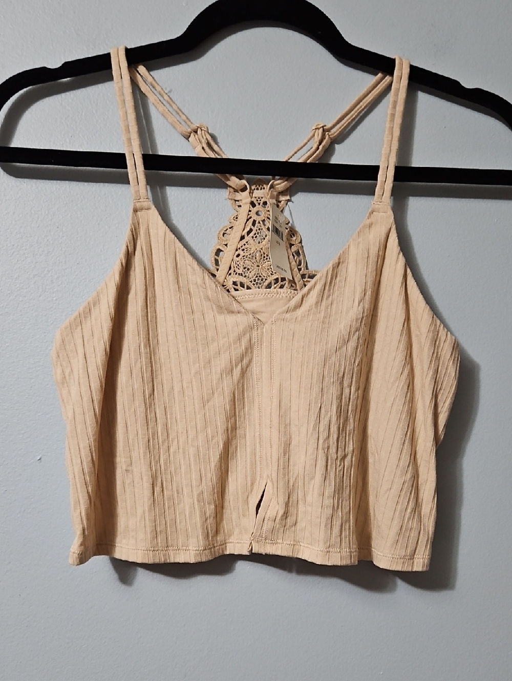 Aerie Crochet-Back Ribbed Spaghetti Tank Top in Beige Size SP